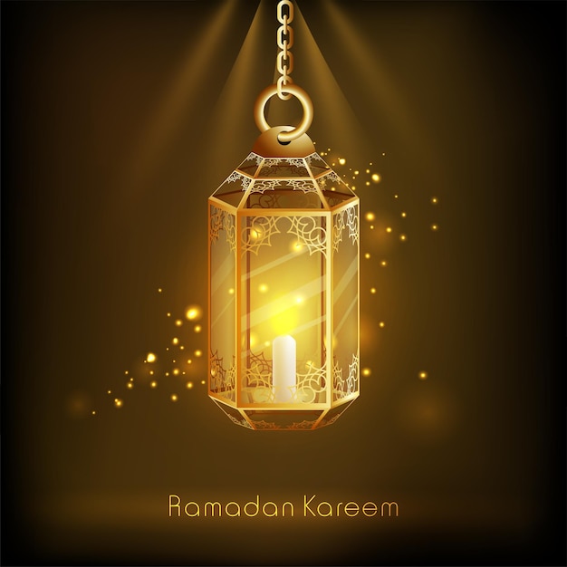 Ramadan Kareem Concept Avec Lanterne Illuminée Dorée Accrocher Sur Fond Brun Brillant