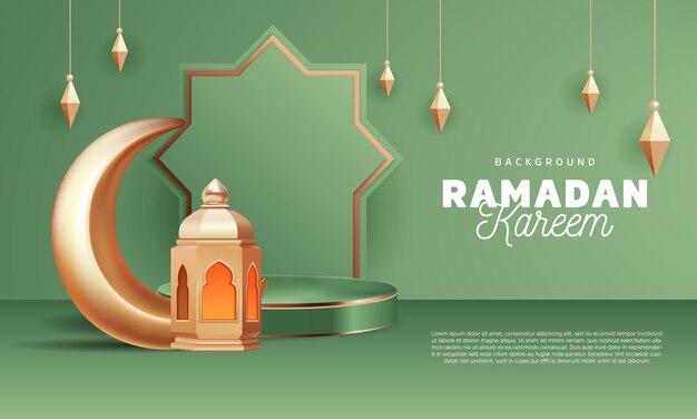 Vecteur ramadan kareem design background podium stage green gold avec croissant de lune et lanterne paysage vector illustration