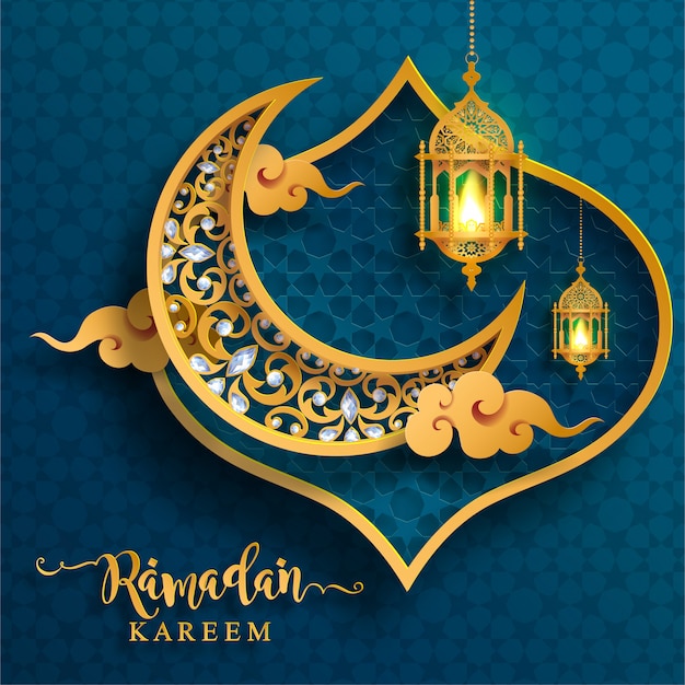 Ramadan Kareem Ou Eid Mubarak Salutation Fond Islamique Avec Des Motifs D'or Et Des Cristaux Sur Fond De Couleur De Papier.