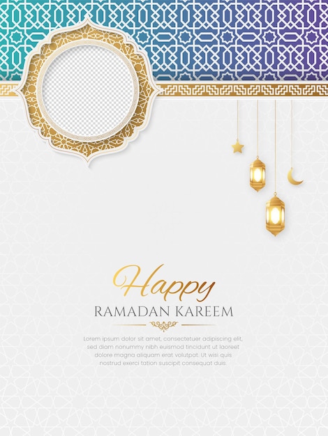 Vecteur ramadan kareem golden luxury islamic social media post avec motif de style arabe et cadre photo