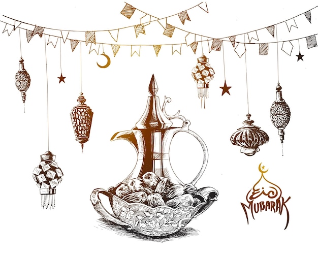 Ramadan Kareem Iftar Party Celebration Eid Sketch Illustration Vectorielle