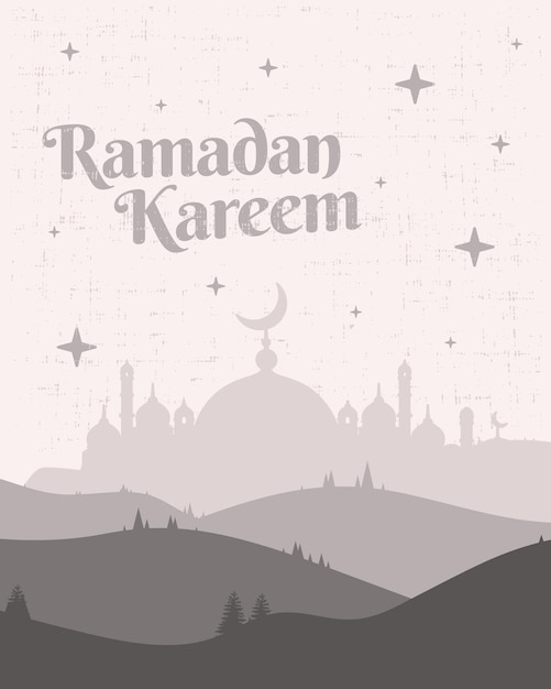 Ramadan Kareem Avec Une Illustration De Mosquée Et Un Paysage De Colline En Rouge