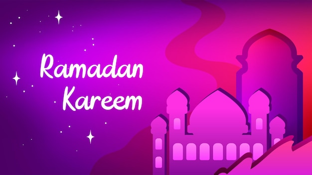 Ramadan Kareem illustration paysage arrière-plan avec ornements de silhouette de mosquée et violet dominant pour l'utilisation des événements du Ramadan et d'autres événements musulmans