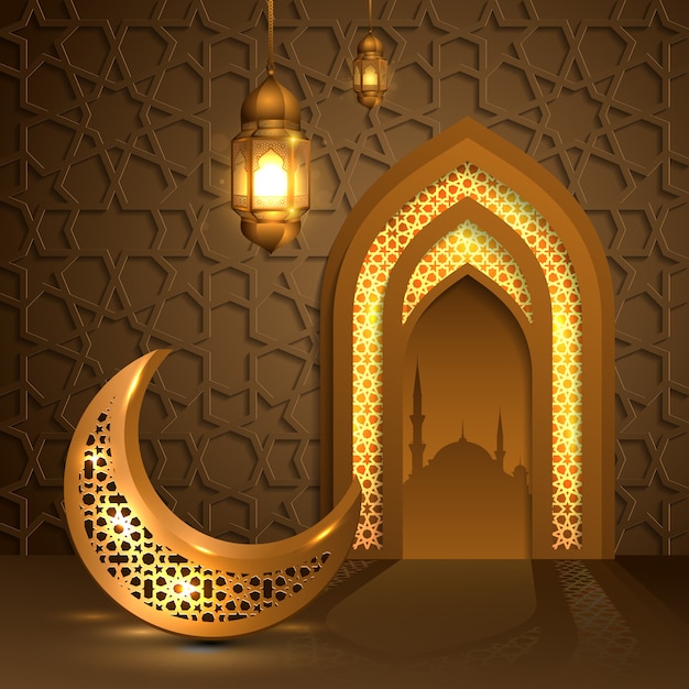 Ramadan Kareem Avec La Lune D'or Et La Lanterne, Porte De La Mosquée Islamique