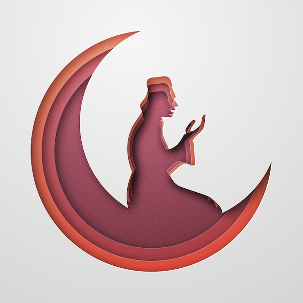 Ramadan Kareem, La Lune Et La Personne Qui Prie. Style Papier. Nuances De Rouge, Orange Et Bordeaux. 10 Eps