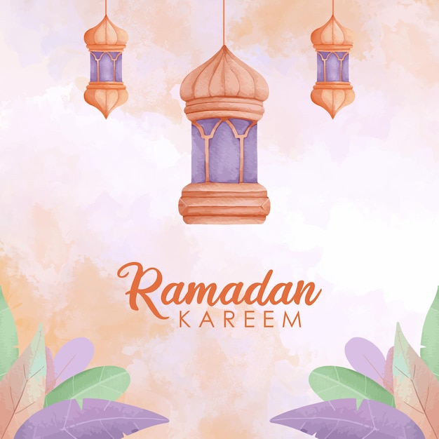 Ramadan Kareem Avec Mosquée Et Illustration Aquarelle De Lanterne Islamique