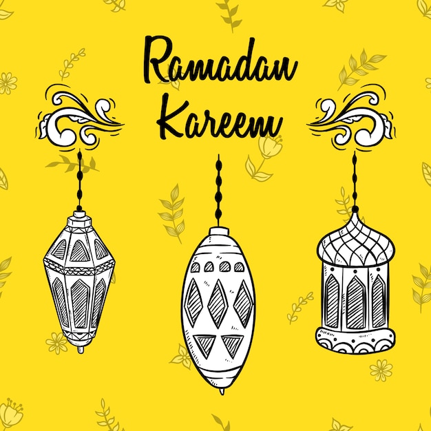 Ramadan Kareem Noir Et Blanc Avec Lanterne Dessinée à La Main