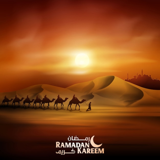 Vecteur ramadan kareem, paysage arabe, illustration arabe et chameau