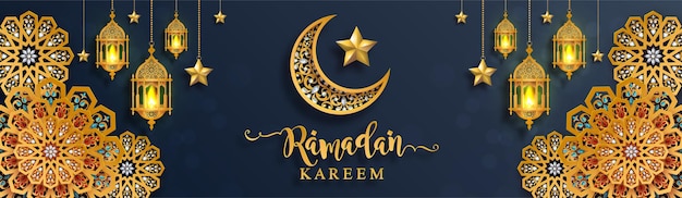 Vecteur ramadan kareem, ramadhan ou eid mubarak par les musulmans saluant l'arrière-plan islamique avec des motifs dorés et des cristaux sur fond de couleur papier.( traduction : ramadan kareem )