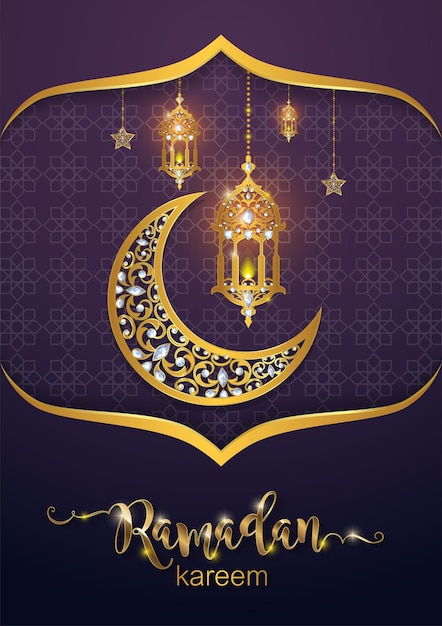 Ramadan Kareem Ramadhan Ou Eid Mubarak Par Les Musulmans Saluant L'arrière-plan Islamique Avec Des Motifs Dorés Et Des Cristaux Sur Fond De Couleur Papier Traduction Ramadan Kareem