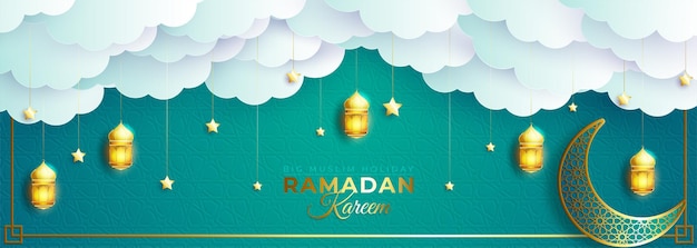 Ramadan Kareem Ou Ramazan Mubarak Salutation Avec Lanterne Et Croissant Sur Cloud