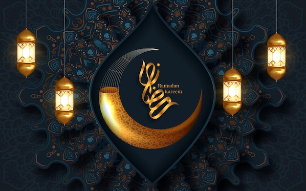 Vecteur ramadan kareem voeux fond islamique symbole croissant. illustration