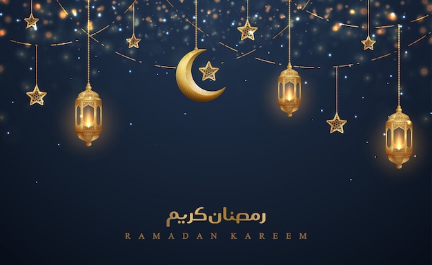 Ramadan Karim Avec Lanternes D'or Et Croissant D'or Lune