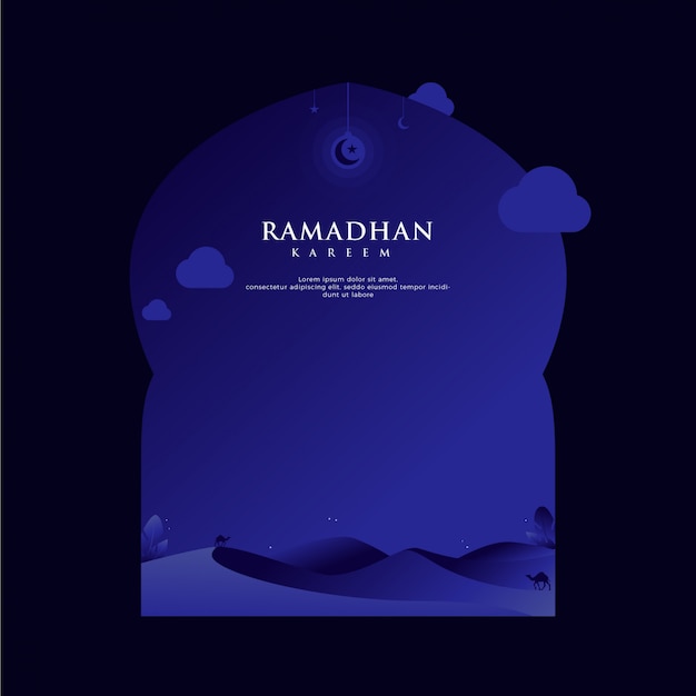 Ramadan Karim Voeux Fond Dans Cadre Avec Désert En Bleu Foncé Minimaliste