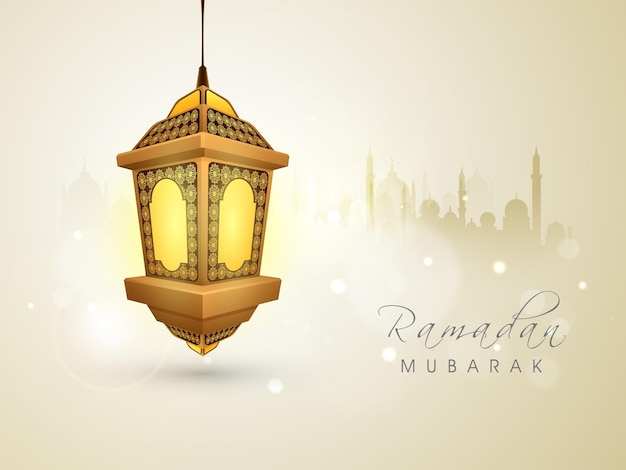 Ramadan Moubarak Concept Avec Lanterne Arabe 3d Sur Fond Beige Mosquée Silhouette Bokeh