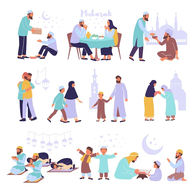 Ramadan serti d'icônes plates symboles musulmans et images isolées de personnes en prière avec des silhouettes de temple illustration vectorielle