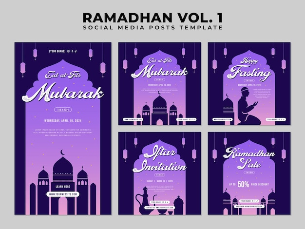 Vecteur ramadhan flat ou ramadhan square collection de post-design sur les médias sociaux avec des ornements islamiques