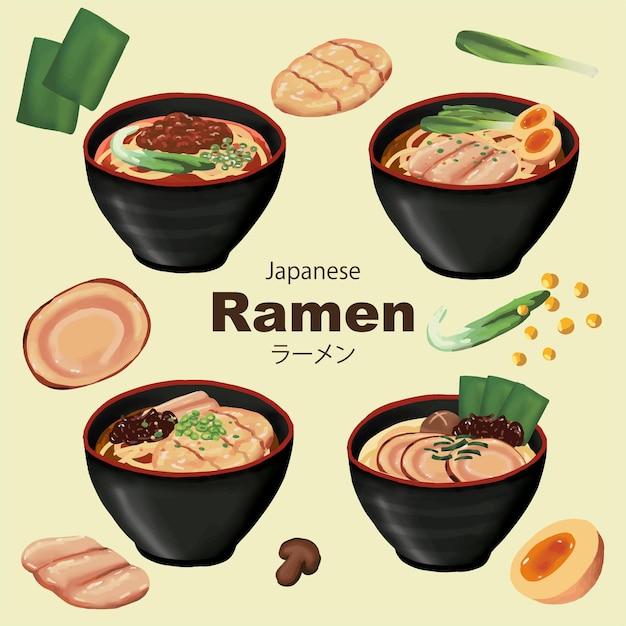 Vecteur ramen japonais dessiné à la main avec des ingrédients illustration 2