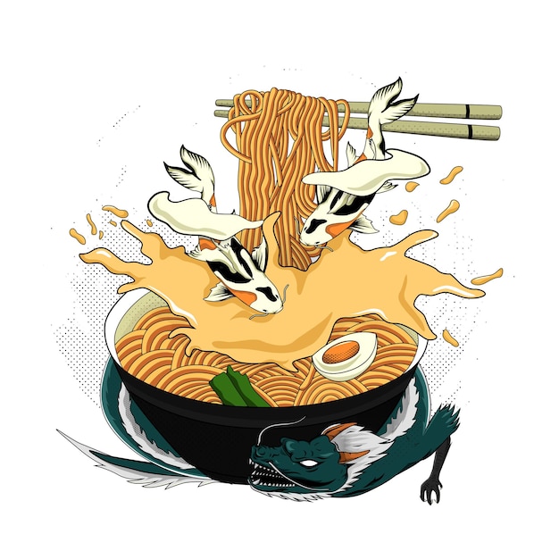 ramen japonais traditionnel et vague pour la conception de t-shirts