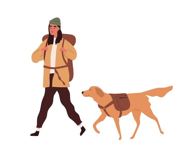 Vecteur randonneur avec sac à dos voyageant avec un chien. personne active en randonnée avec animal de compagnie. illustration vectorielle de dessin animé plat coloré de jeune femme marchant avec le labrador isolé sur fond blanc.