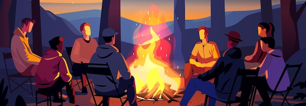 Vecteur randonneurs assis près du feu de campement randonnée concept de camping les gens passent du temps la nuit camp d'été dans la forêt compagnie d'amis en vacances