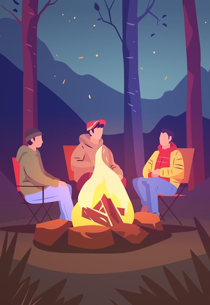 randonneurs assis près du feu de campement randonnée concept de camping les gens passent du temps la nuit camp d'été dans la forêt compagnie d'amis en vacances