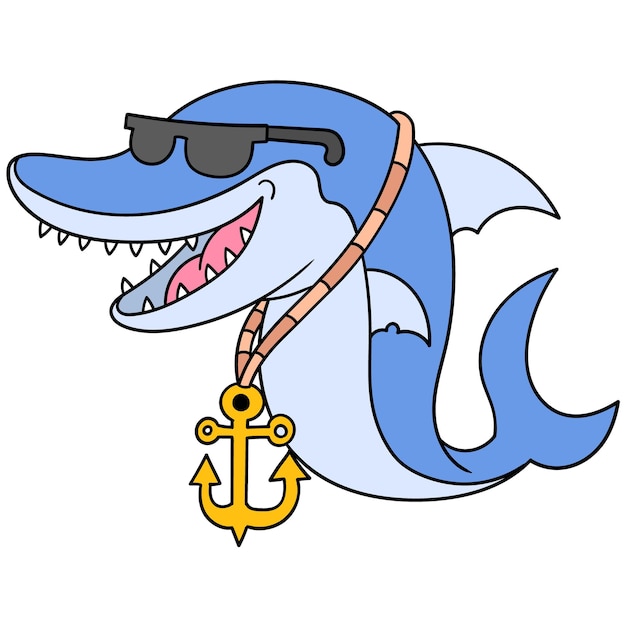 Rappeur De Requin Portant Des Lunettes De Soleil Et Un Collier D'ancre En Or, Art D'illustration Vectorielle. Doodle Icône Image Kawaii.