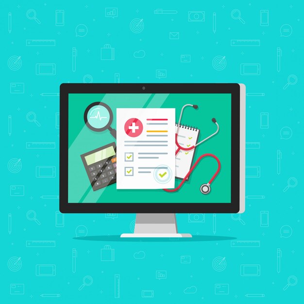 Rapport de recherche médicale en ligne sur ordinateur ou document d'assurance sur ordinateur