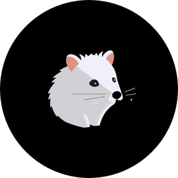 Un rat blanc avec un fond noir et une tête de rat blanc dans un cercle.