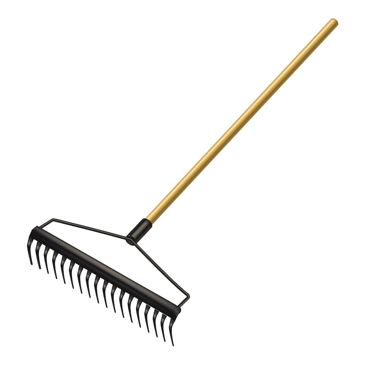 Vecteur râteau d'outil de jardin 3d détaillé et réaliste avec un long manche en bois et une illustration vectorielle de dents en métal tranchantes