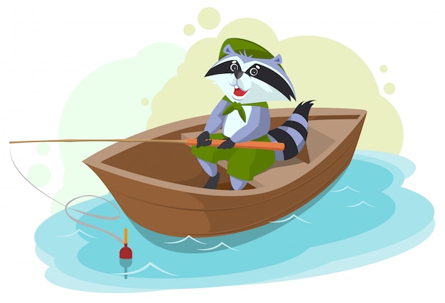 Vecteur raton laveur dans la pêche en bateau. pêcheur scout