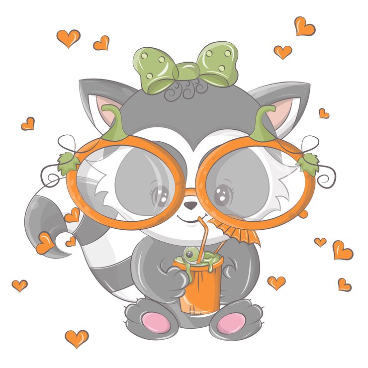 Vecteur raton laveur de dessin animé avec cocktail de citrouille. illustration vectorielle d'animal d'halloween.