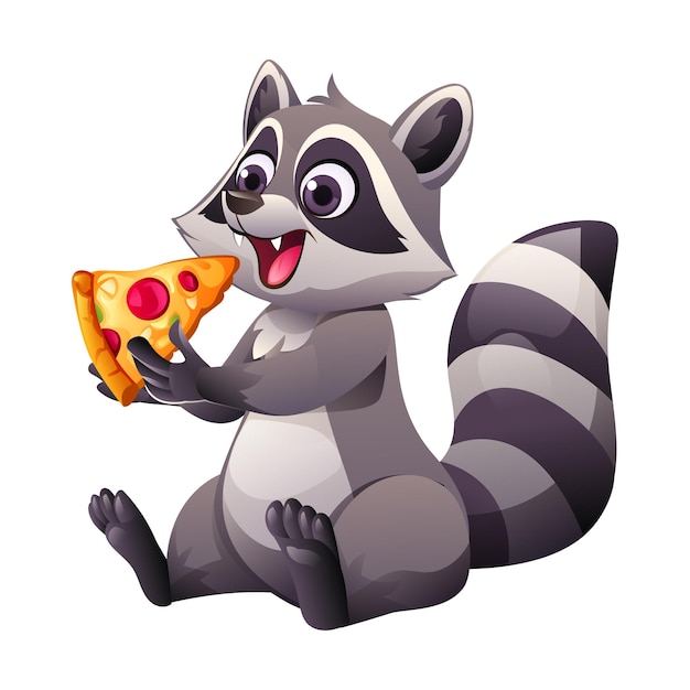 Vecteur un raton laveur de dessin animé mangeant une pizza illustration vectorielle isolée sur fond blanc