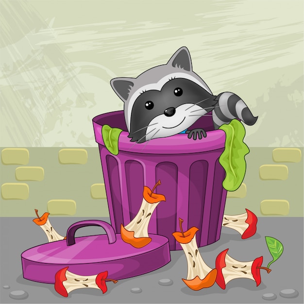 raton laveur sur poubelle, illustration avec style cartoon