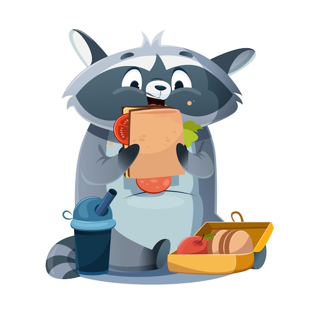 Vecteur raton laveur avec un sandwich illustration vectorielle pour enfants snack petit déjeuner pause nourriture