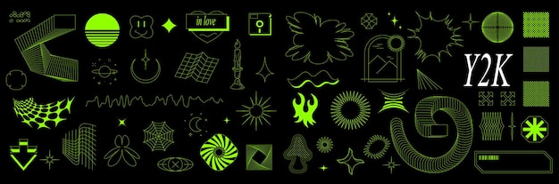 Rave Y2K jeu psychédélique rétro futuriste formes géométriques surréalistes motifs abstraits wireframe éléments cyberpunk et grilles de perspective brutalisme