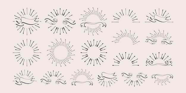 Rayons éclatés Avec Ruban Doodle Set élément De Conception Vectorielle De Faisceau Sunburst