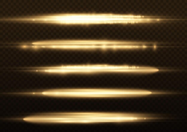 Les rayons lumineux clignotent les fusées éclairantes horizontales dorées pack faisceaux laser lueur ligne jaune belle fusée éclairante
