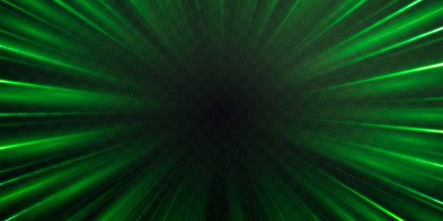 Les rayons de vitesse radiale, le flux de néon lumineux, le zoom en mouvement, l'effet de lueur verte, les lignes de vitesse, les traces de lumière colorées, les rayures de perspective, l'illustration vectorielle de fond abstraite.
