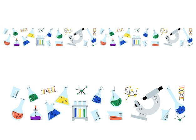 Vecteur reactifs chimiques dans les bouteilles de verre et les tubes de repos et le cadre des flacons équipement de laboratoire médical outils de recherche scientifique arrière-plan isolé de dessins animés vectoriels doodle