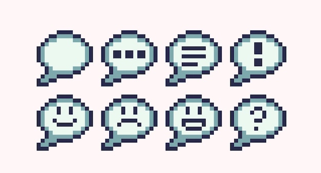 Réaction sociale autour de l'ensemble d'art pixel bulle. Sourire, rire, collection d'émotions tristes. Nuage de texte.