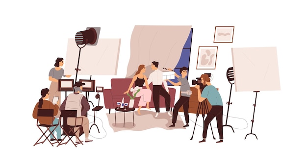 Réalisateur, caméraman et acteurs au processus de réalisation de films, tournage d'une scène d'amour d'un film mélodrame. Dans les coulisses de l'équipe de production vidéo au travail. Illustration de vecteur graphique plat isolé sur fond blanc