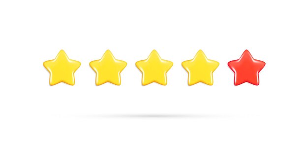 Réaliste 3d brillant 5 étoiles client 3d dessin animé étoile dorée et rouge meilleure qualité examen évaluation utilisateur feedback score icône note symbole illustration vectorielle isolée sur fond blanc