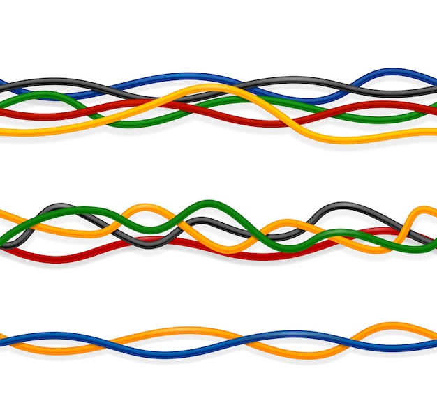 Réaliste 3d détaillé câble fil couleur ensemble réseau de composants sur une illustration vectorielle blanche de câbles électriques flexibles