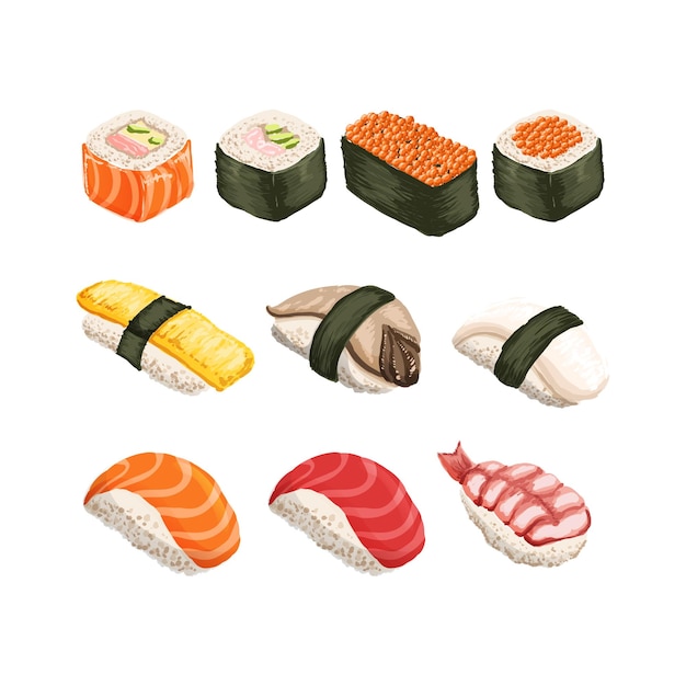 Vecteur réaliste cuisine japonaise traditionnelle sushi illustration de dessin animé dessiné main