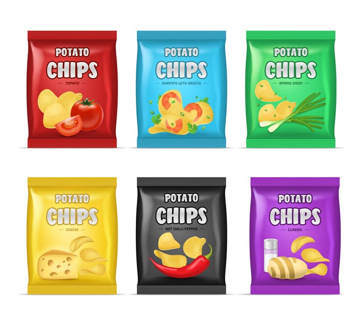 Vecteur réaliste détaillé 3d chips publicité sac ensemble croquant délicieux savoureux snack produit avec différentes saveurs illustration vectorielle