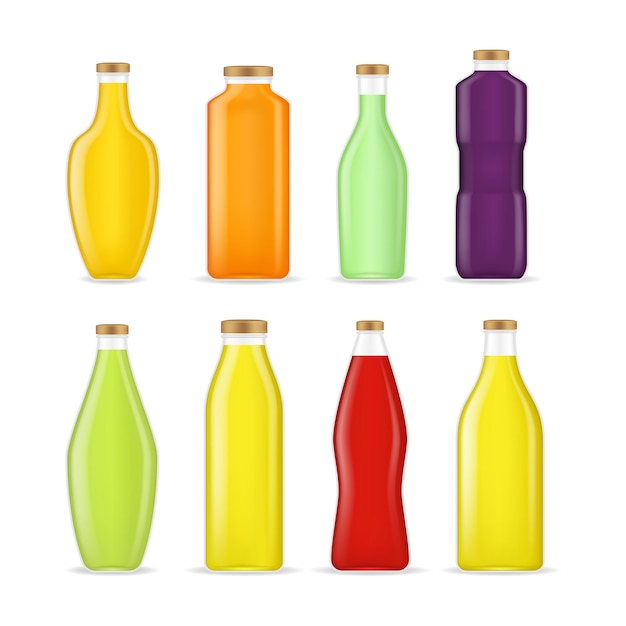 Vecteur réaliste détaillé 3d différents types jus bouteille verre ensemble vecteur