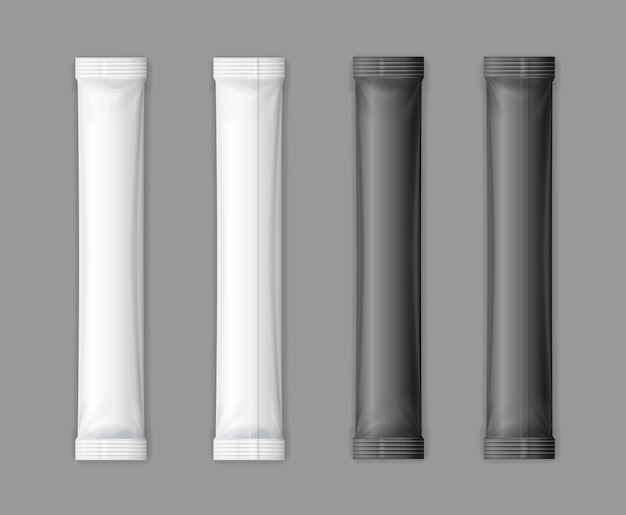 Réaliste Détaillé 3d Noir Et Blanc Matte Sachet Stick Set Modèle Vide Mockup Sur Un Fond Transparent Illustration Vectorielle