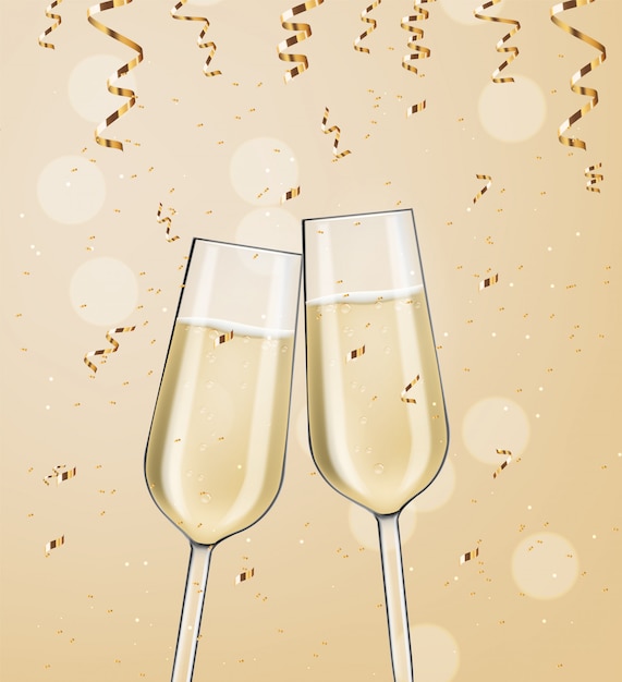 Vecteur réaliste deux verres, champagne, confettis or, fête, carte d'anniversaire, anniversaire, illustration de célébration