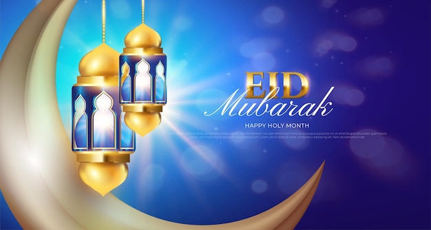 Vecteur réaliste eid mubarak bleu avec lanterne et lune